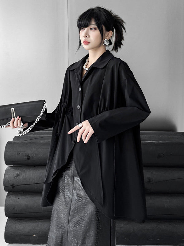 High-Low Irregularity Buttoned Pleated Solid Color Split-Joint Shirt Collar Blouses&Shirts Tops