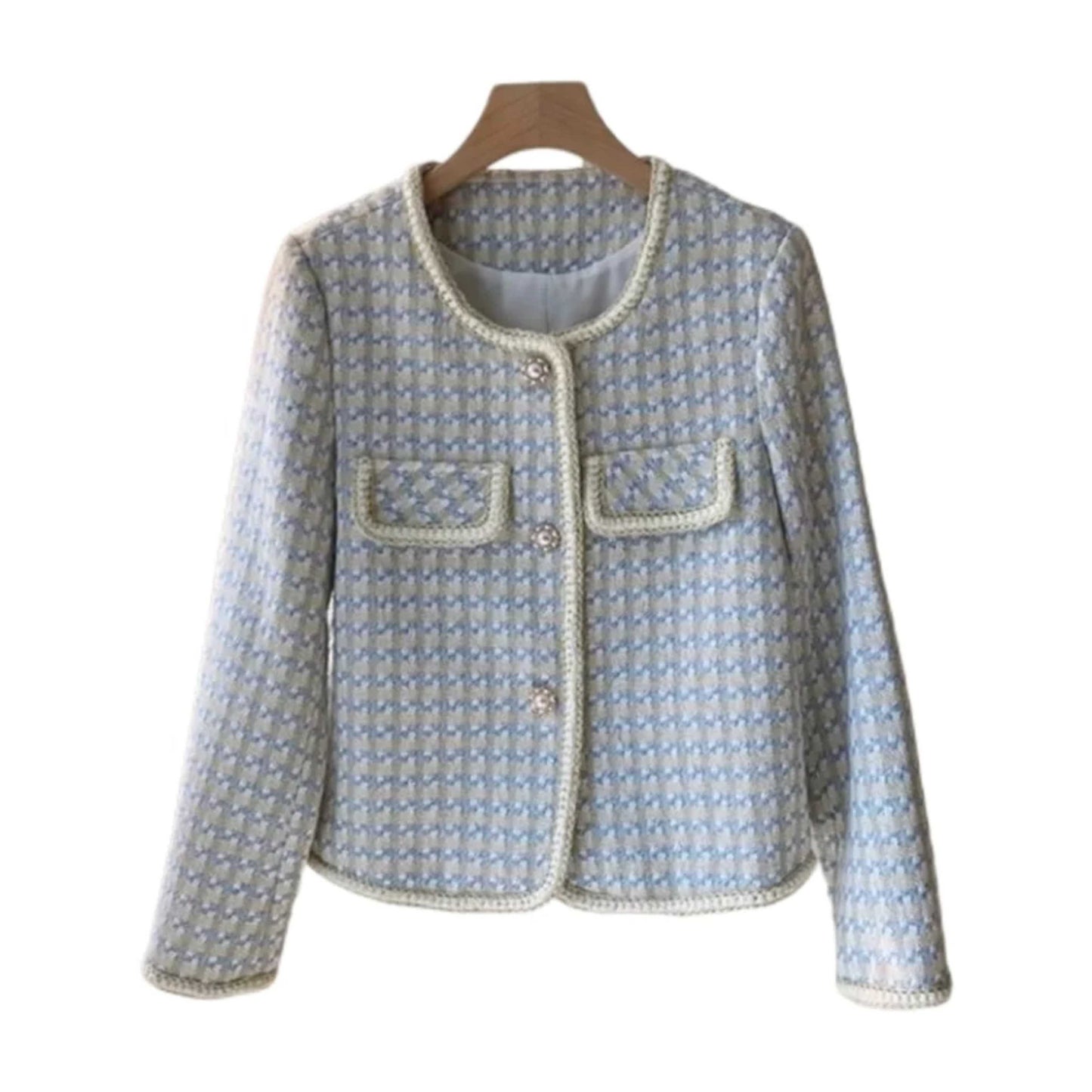 French Vintage Small Tweed Coat Women | Casual Outwear Blue
