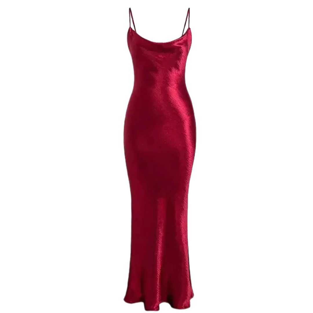 Satin Backless Dress | Long Elegant Trumpet Bodycon Dress | Spaghetti Strap Dress | Maxi Dress wine red