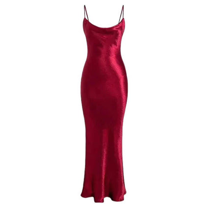 Satin Backless Dress | Long Elegant Trumpet Bodycon Dress | Spaghetti Strap Dress | Maxi Dress wine red