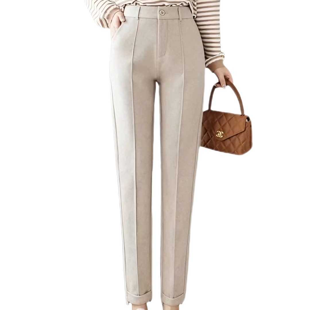 Women High Waisted Woolen Pants | Pencil Cut Trousers | Casual Office Suit Pants Khaki