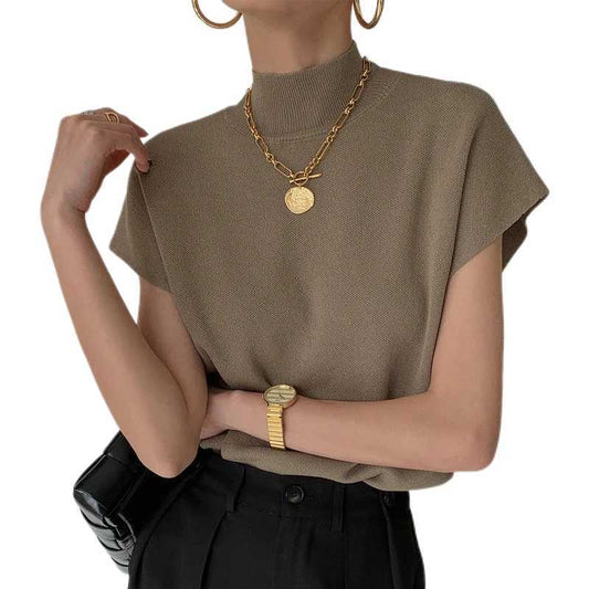 Women Office Blouse | Short Sleeves High Neck | Knitted Vest Top Olive Green One Size