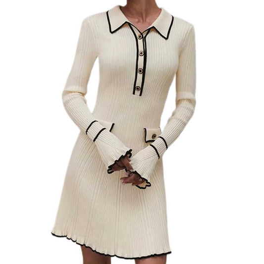 Women Ribbed Knitted Dress | Women Ruffle Knitted Midi Dress | Long Sleeve Slim Dress
