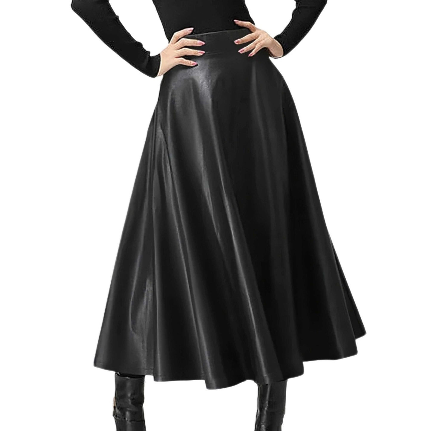 Women Black Midi Leather Skirt | High Waisted Party Skirt | Solid Office Skirt Black