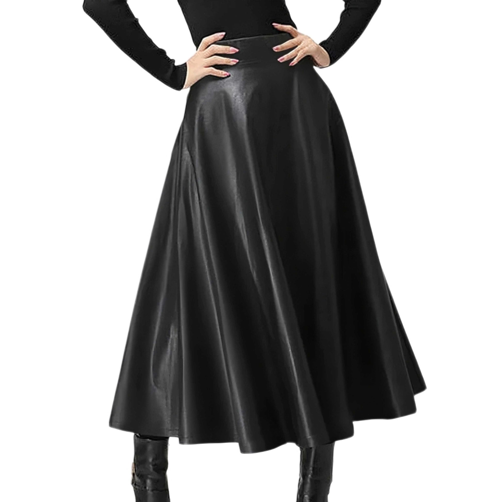 Women Black Midi Leather Skirt | High Waisted Party Skirt | Solid Office Skirt Black