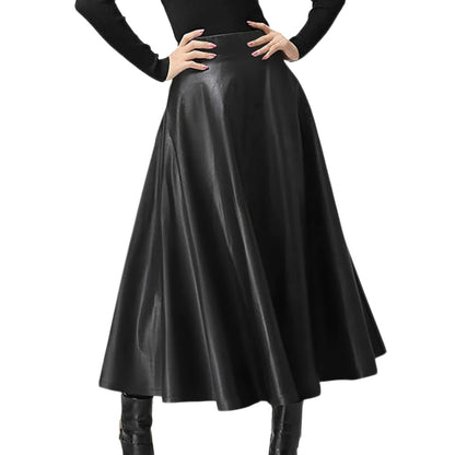 Women Black Midi Leather Skirt | High Waisted Party Skirt | Solid Office Skirt Black