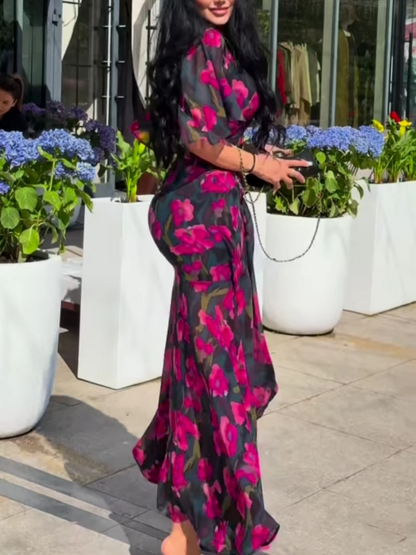 Laurie™ | Retro V-neck trumpet sleeve printed dress