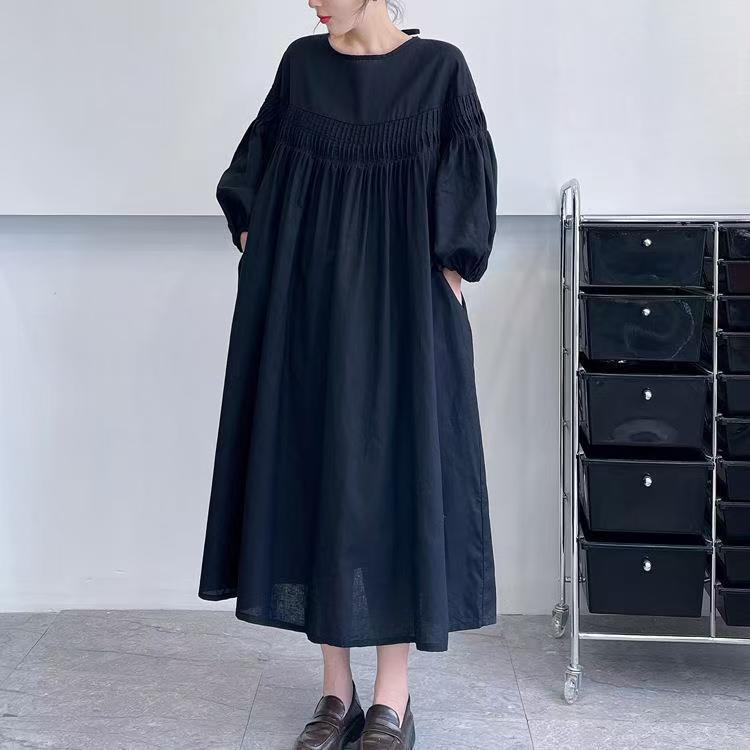 A-Line Long Sleeves Mesh Pleated See-Through Solid Color Split-Joint Round-Neck Midi Dresses