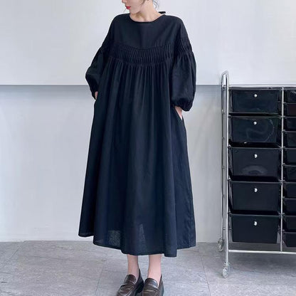 A-Line Long Sleeves Mesh Pleated See-Through Solid Color Split-Joint Round-Neck Midi Dresses