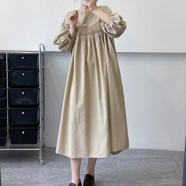 A-Line Long Sleeves Mesh Pleated See-Through Solid Color Split-Joint Round-Neck Midi Dresses