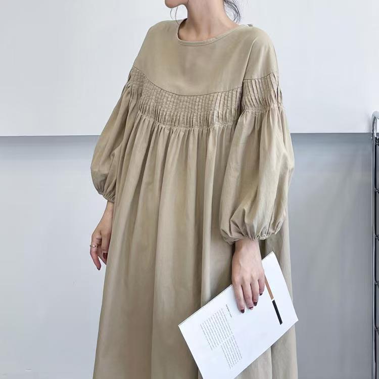 A-Line Long Sleeves Mesh Pleated See-Through Solid Color Split-Joint Round-Neck Midi Dresses
