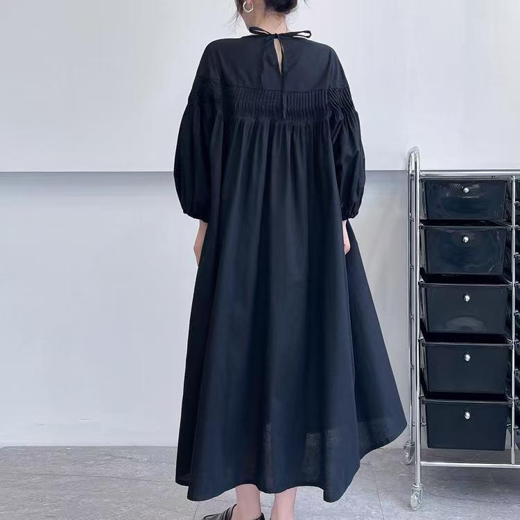 A-Line Long Sleeves Mesh Pleated See-Through Solid Color Split-Joint Round-Neck Midi Dresses