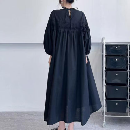 A-Line Long Sleeves Mesh Pleated See-Through Solid Color Split-Joint Round-Neck Midi Dresses