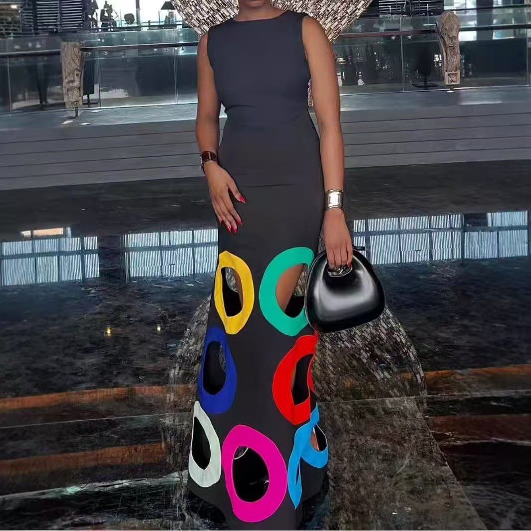 A-Line High Waisted Colorful Contrast Color Hollow V-Neck Maxi Dresses BLACK