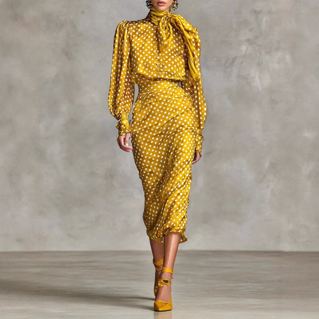 Bodycon High Waisted Belted Contrast Color Polka Dot Split-back Split-Joint Zipper Mock Neck Midi Dresses