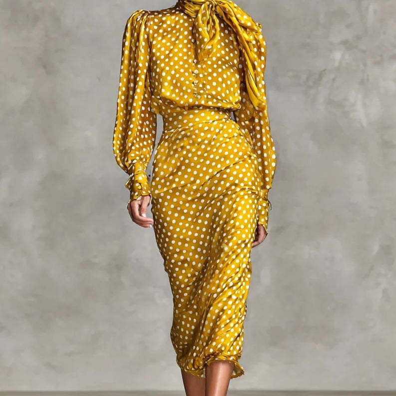 Bodycon High Waisted Belted Contrast Color Polka Dot Split-back Split-Joint Zipper Mock Neck Midi Dresses