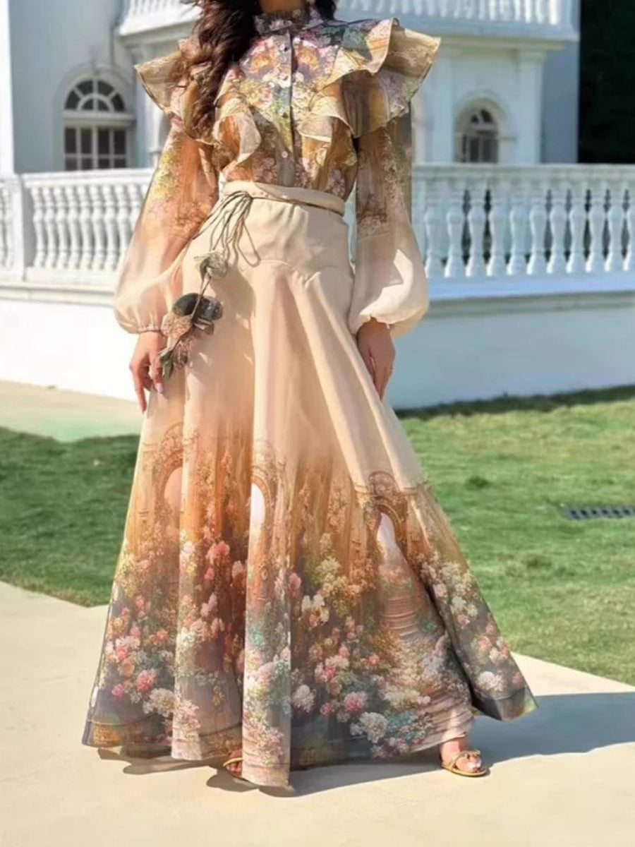 A-Line Long Sleeves Flower-Embellished Buttoned Flower Print Ruffled Half Turtleneck Sets Two-Piece Sets