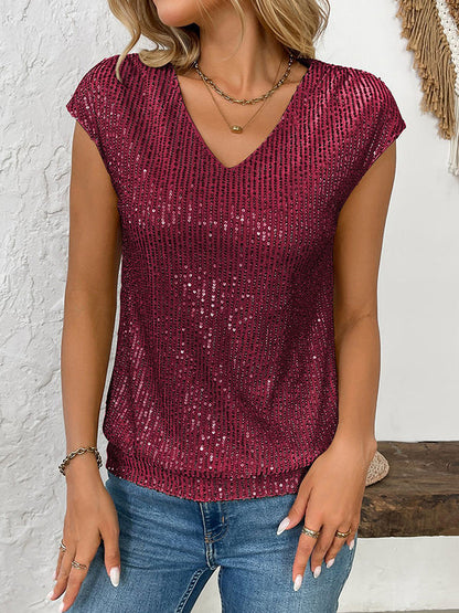 T-shirts amples à manches chauve-souris et col en V brillants et pailletés 