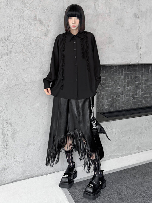 Hipster Long Sleeves Buttoned Falbala Ruffled Solid Color Split-Joint Lapel Blouses&Shirts Tops