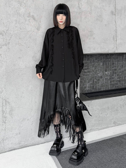 Hipster Long Sleeves Buttoned Falbala Ruffled Solid Color Split-Joint Lapel Blouses&Shirts Tops