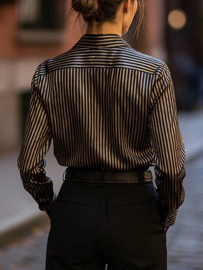 Long Sleeves Loose Buttoned Contrast Color Striped Lapel Blouses&Shirts Tops