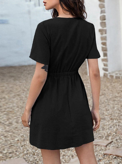 A-Line Loose Elasticity Knot Pleated Solid Color Deep V-Neck Mini Dresses