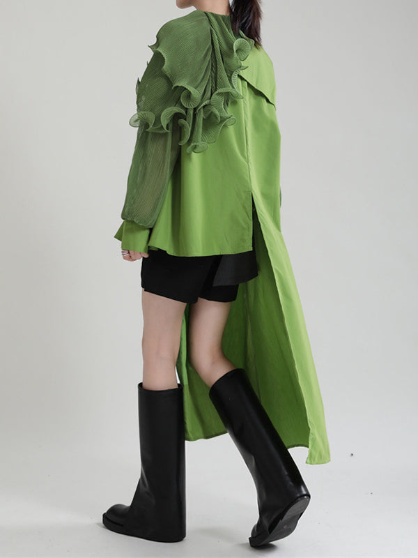 Long Sleeves Loose Asymmetric Pleated Solid Color Split-Joint Falbala Lapel Blouses&Shirts Tops