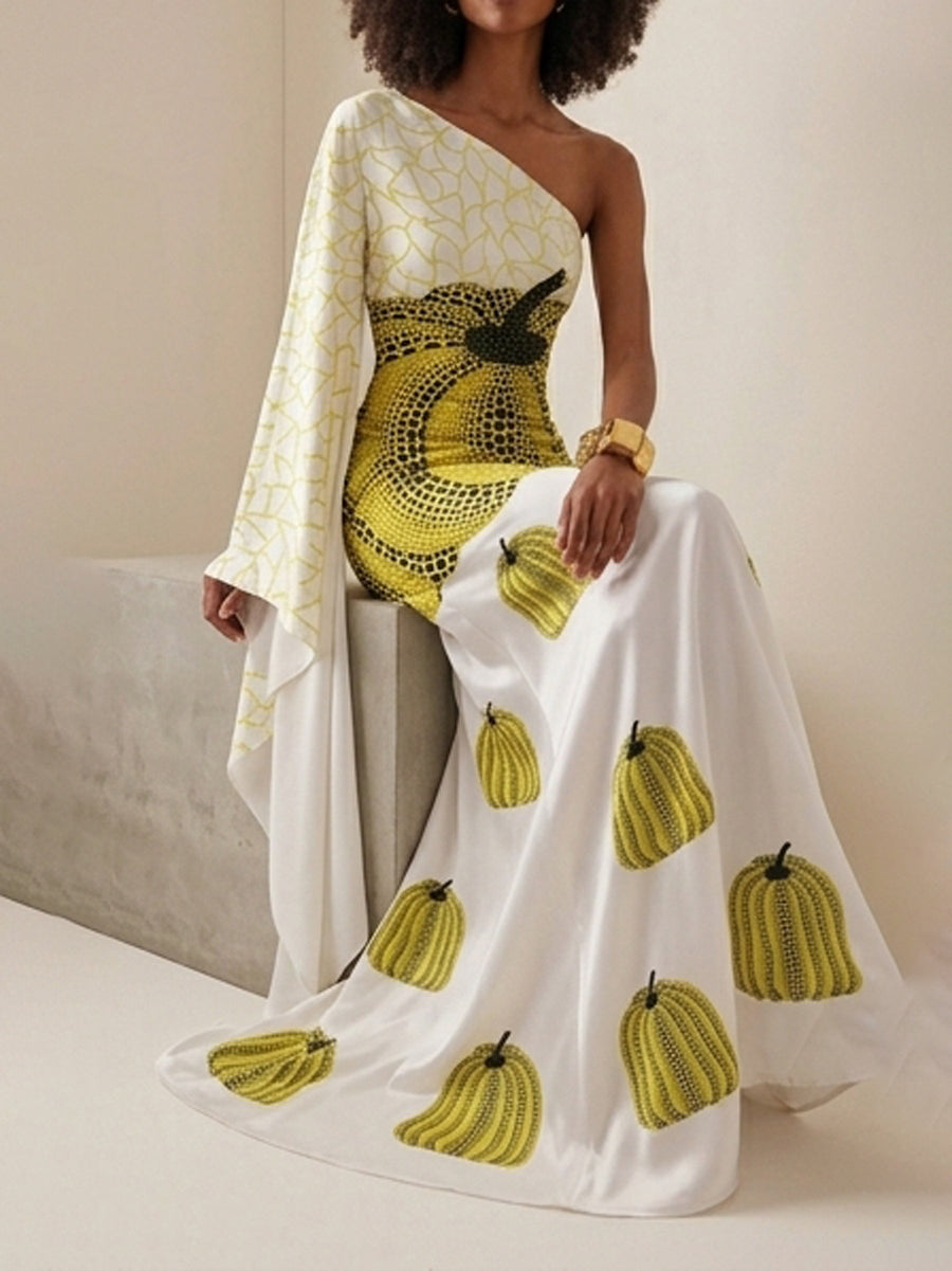 Long Sleeves Loose Asymmetric Printed One-Shoulder Maxi Dresses