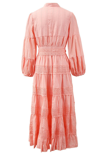 Sabina Stand Collar Lace Trim Maxi Dress