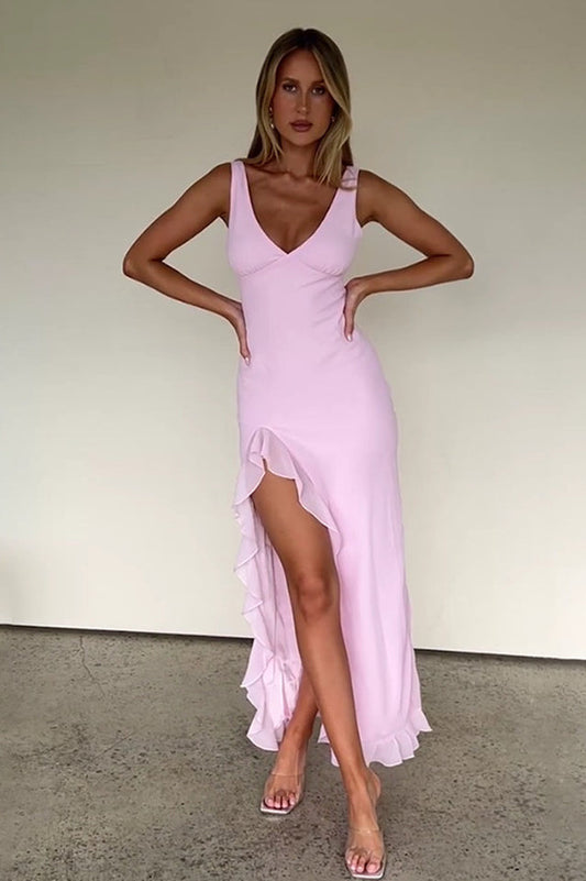 V-Neck Ruffle Hem Slit Dress