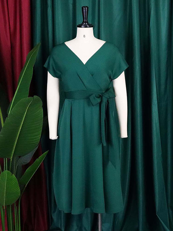 Einfarbige Midikleider mit Schleife und V-Ausschnitt 