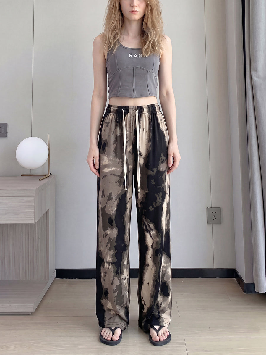 High Waisted Wide Leg Drawstring Elasticity Printed Pants Trousers