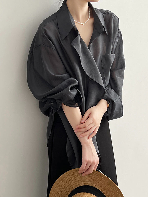 Irregular Clipping Long Sleeves Solid Color Lapel Blouses&Shirts Tops