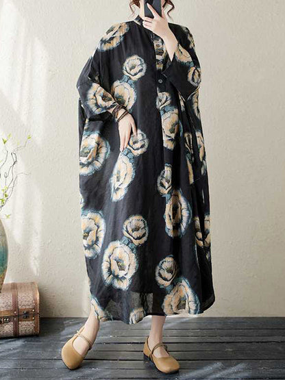 Robe mi-longue ample à manches trois-quarts et col montant, boutonnée et imprimée de fleurs 