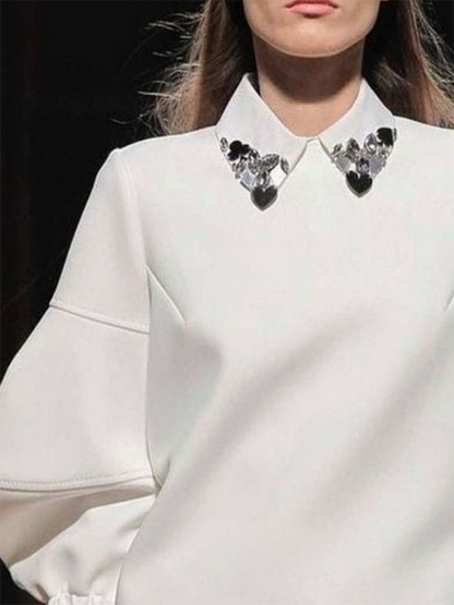 Loose Puff Sleeves Rhinestone Solid Color Lapel Blouses&Shirts Tops