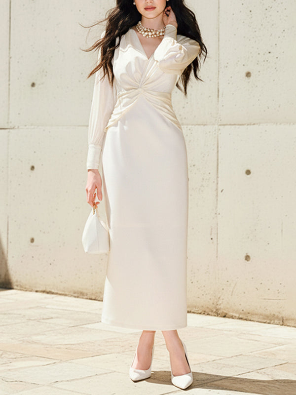 Bodycon Elasticated Waist Solid Color Twist V-Neck Maxi Dresses