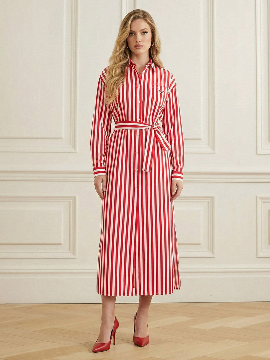 Elasticated Waist High Waisted Buttoned Contrast Color Split-Joint Split-Side Striped Tied Lapel Midi Dresses Shirt Dress