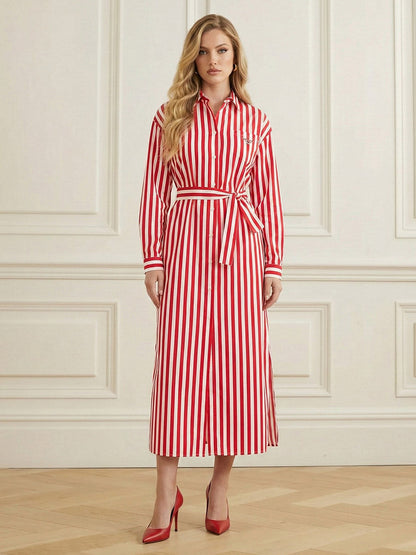 Elasticated Waist High Waisted Buttoned Contrast Color Split-Joint Split-Side Striped Tied Lapel Midi Dresses Shirt Dress