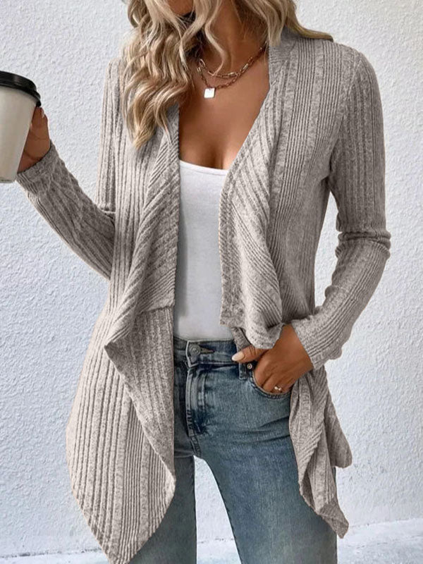 Long Sleeves Loose Solid Color Collarless Cardigan Tops CAMEL