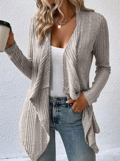 Long Sleeves Loose Solid Color Collarless Cardigan Tops CAMEL