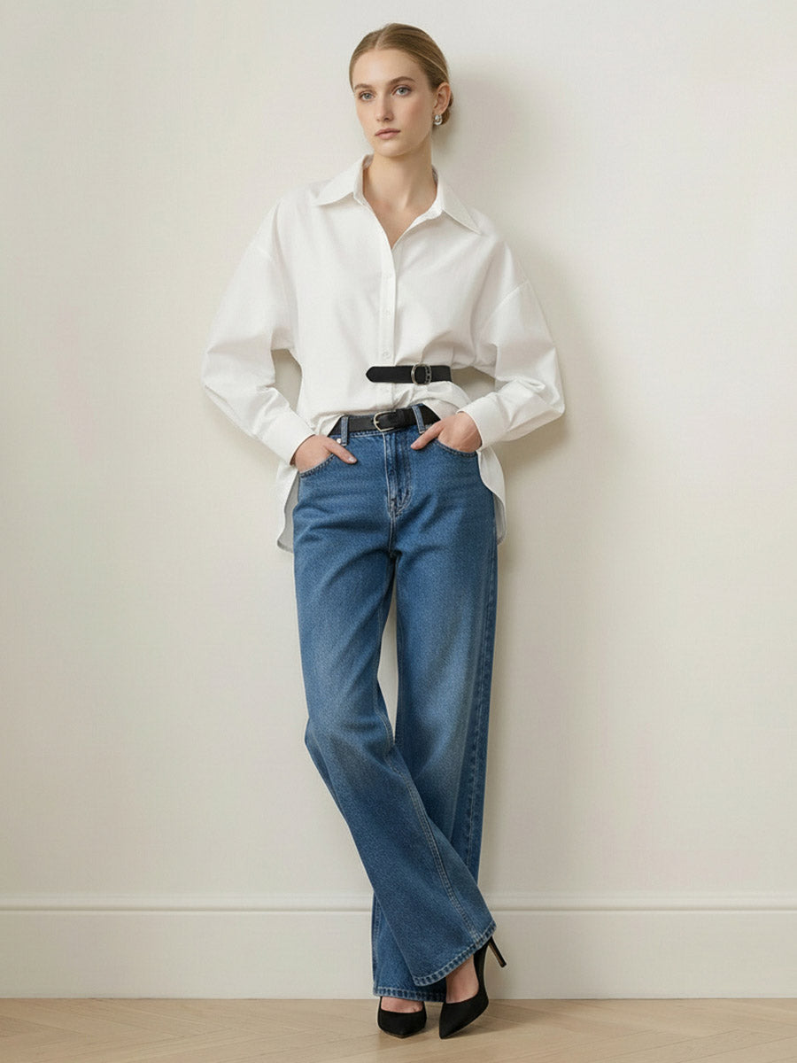 Long Sleeves Loose Belted Buttoned Contrast Color Split-Joint Lapel Blouses&Shirts Tops