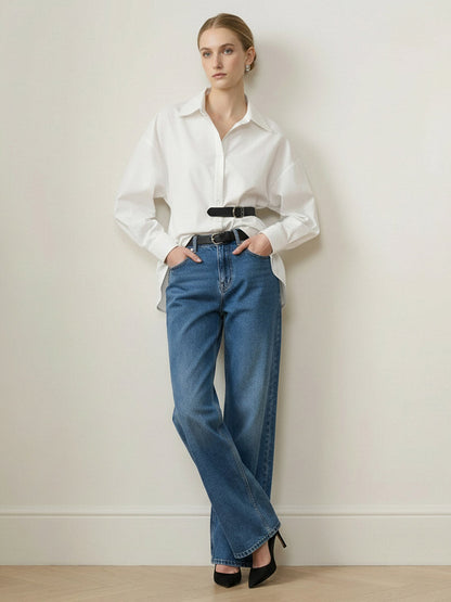 Long Sleeves Loose Belted Buttoned Contrast Color Split-Joint Lapel Blouses&Shirts Tops