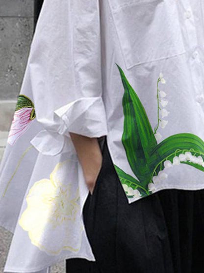 Chemisiers amples asymétriques à imprimé floral, à volants et à revers fendus sur les côtés 