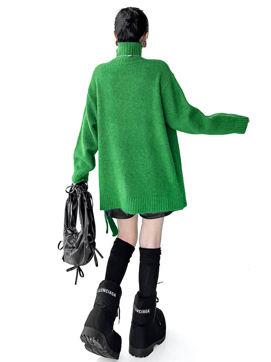 Irregularity Long Sleeves Buttoned Ribs Solid Color Split-Joint High Neck Sweater Tops