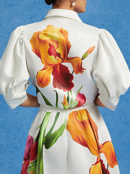 Lose Puffärmel, Blumendruck, plissiertes Revers mit geteiltem Saum, Blusen und Hemden 
