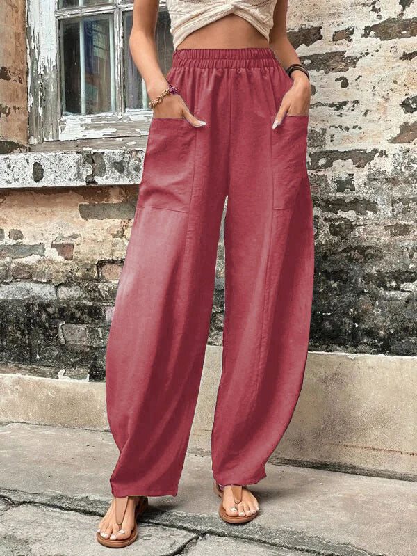 Pantalon ample grande taille avec poches élastiques et couleur unie 
