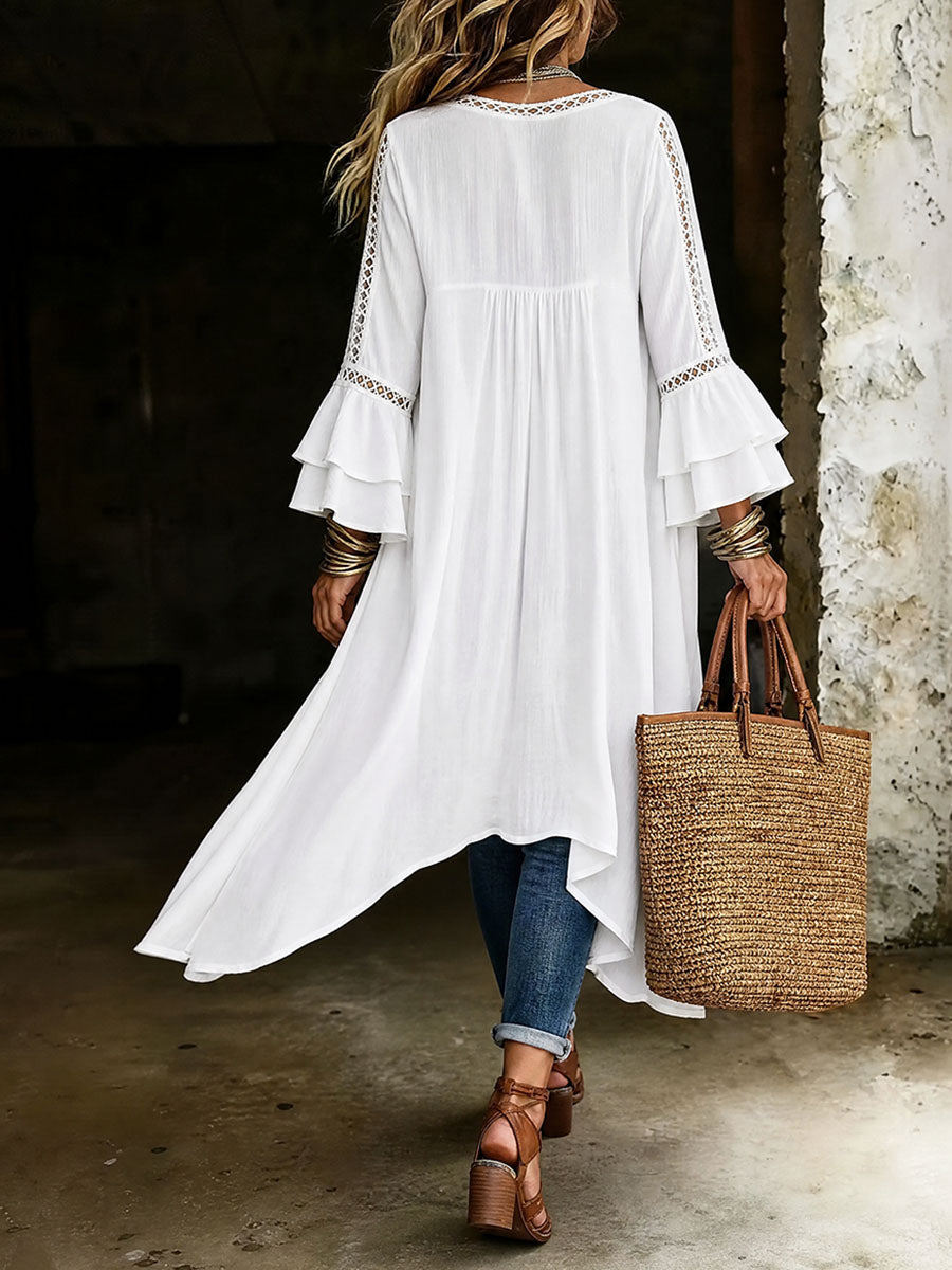 Solid Color Hollow Ruffle Sleeves Long Sleeves Round-neck Blouses&shirts Tops