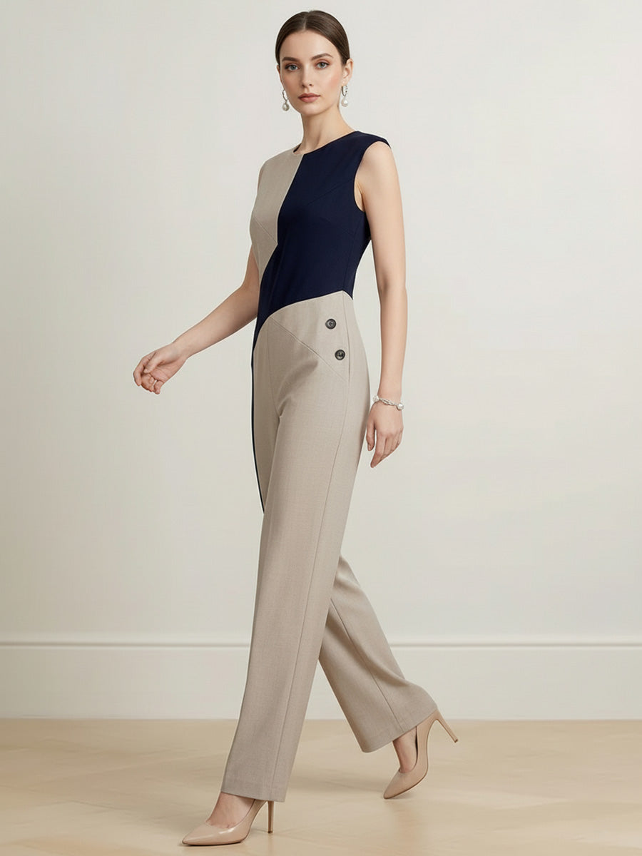 Skinny Sleeveless Asymmetric Buttoned Contrast Color Split-Joint Round-Neck Jumpsuits