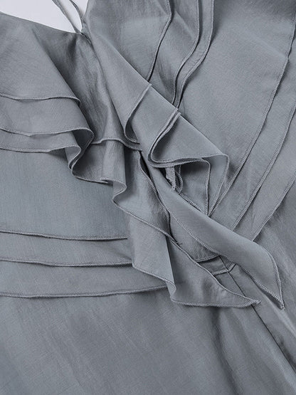 Long Sleeves Backless Ruffled Solid Color V-Neck Blouses&Shirts Tops