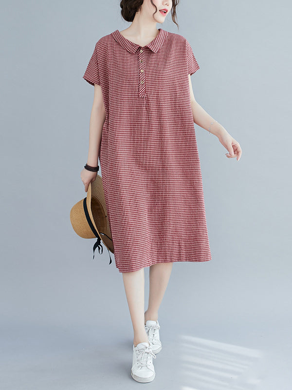 Robe mi-longue à carreaux ample et boutonnée, style rétro artistique 